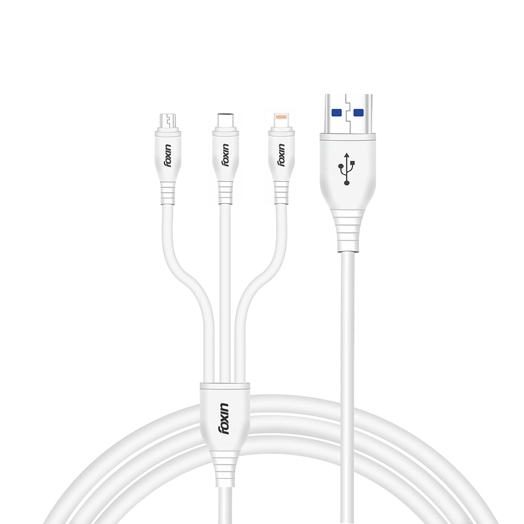 Foxin MAC10 3 in 1 Parallel Charging Aluminium Alloy Metal PVC Cable with 2.4A Fast Charging and 480 Mbps Data Transfer Rate, 1.2 Meters long, High Speed Smart Charging Cable, Compatible with IOS/Android, Micro and Type-C devices (White)