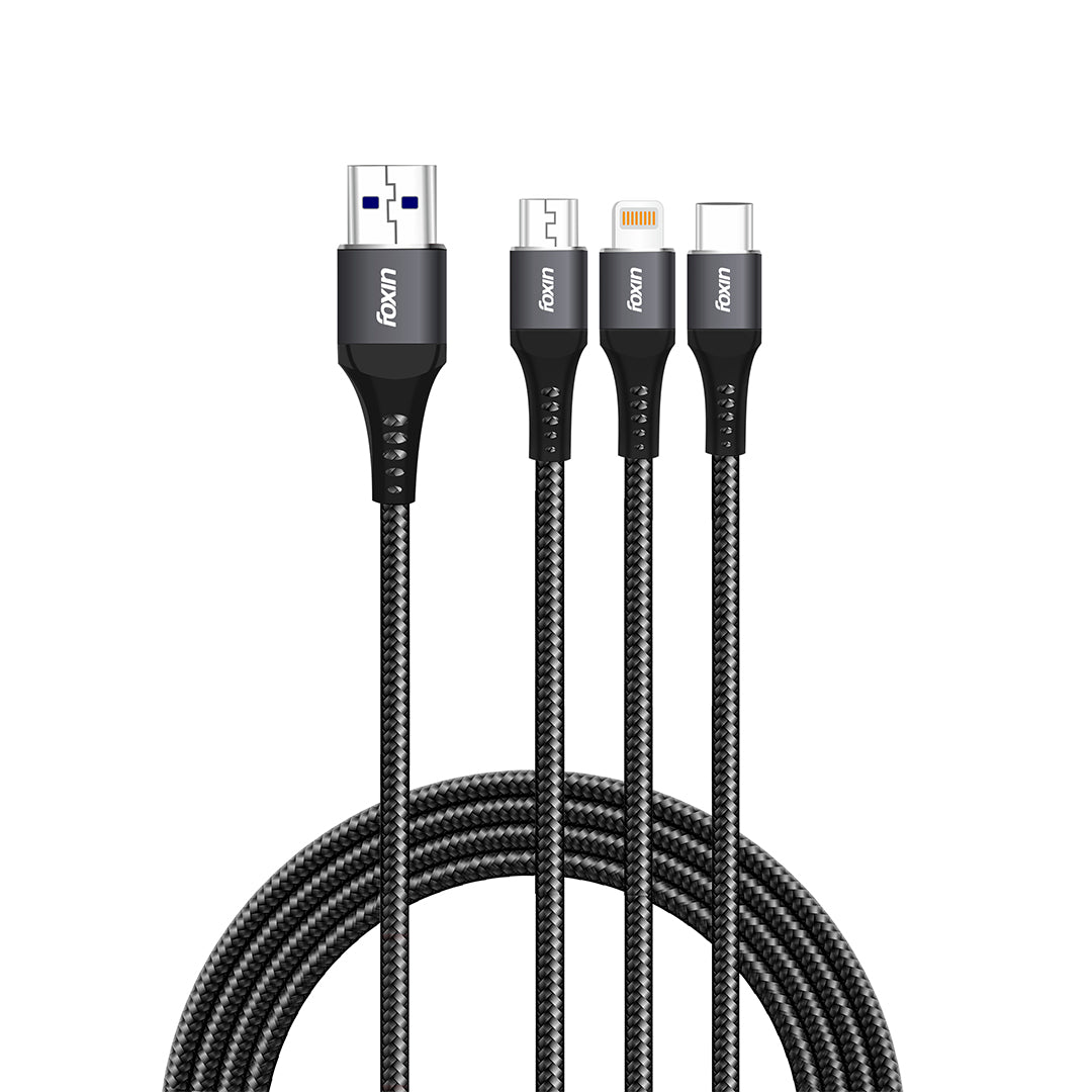 Foxin Mac08 Metal &amp; Nylon Braided 3 In 1 Parallel 4.0A Fast Charging Cable With Aluminium Alloy | 12W Fast Charging | 1.2 Meters Cable (4 feet) | Hi-Speed Smart Charging Cable, For Smartphone, iPhone, Micro And Type-C Devices