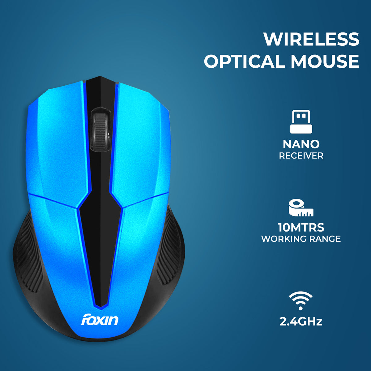 Foxin FWM-9099 Elite BlueOptical Mouse with 2.4GHz Wireless Technology, Nano USB Receiver, 1600 DPI Sensor, Durable Design