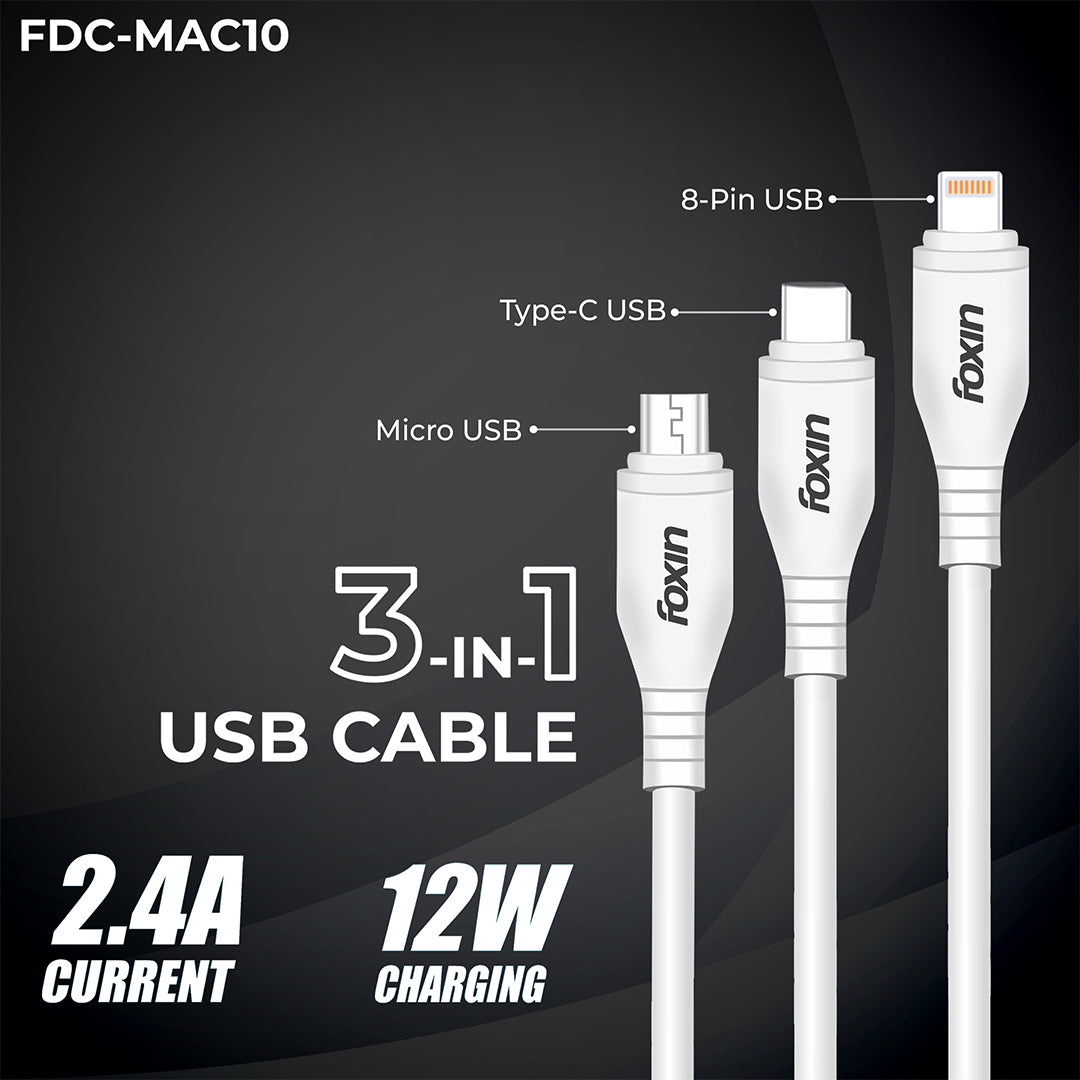 Foxin MAC10 3 in 1 Parallel Charging Aluminium Alloy Metal PVC Cable with 2.4A Fast Charging and 480 Mbps Data Transfer Rate, 1.2 Meters long, High Speed Smart Charging Cable, Compatible with IOS/Android, Micro and Type-C devices (White)