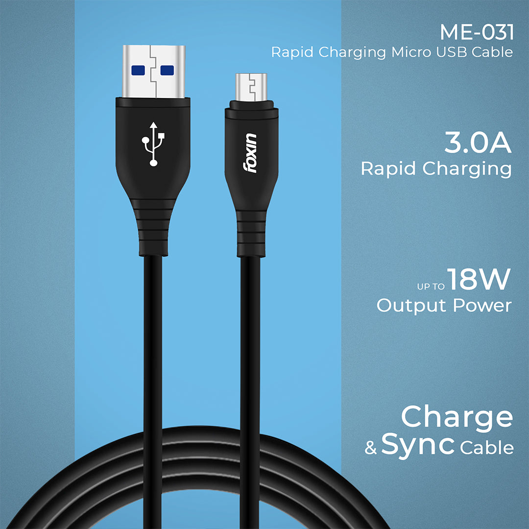 Foxin ME031 Micro USB Cable with 3 Amp rapid charging | 18 Watt output power | High speed data transmission | BLACK