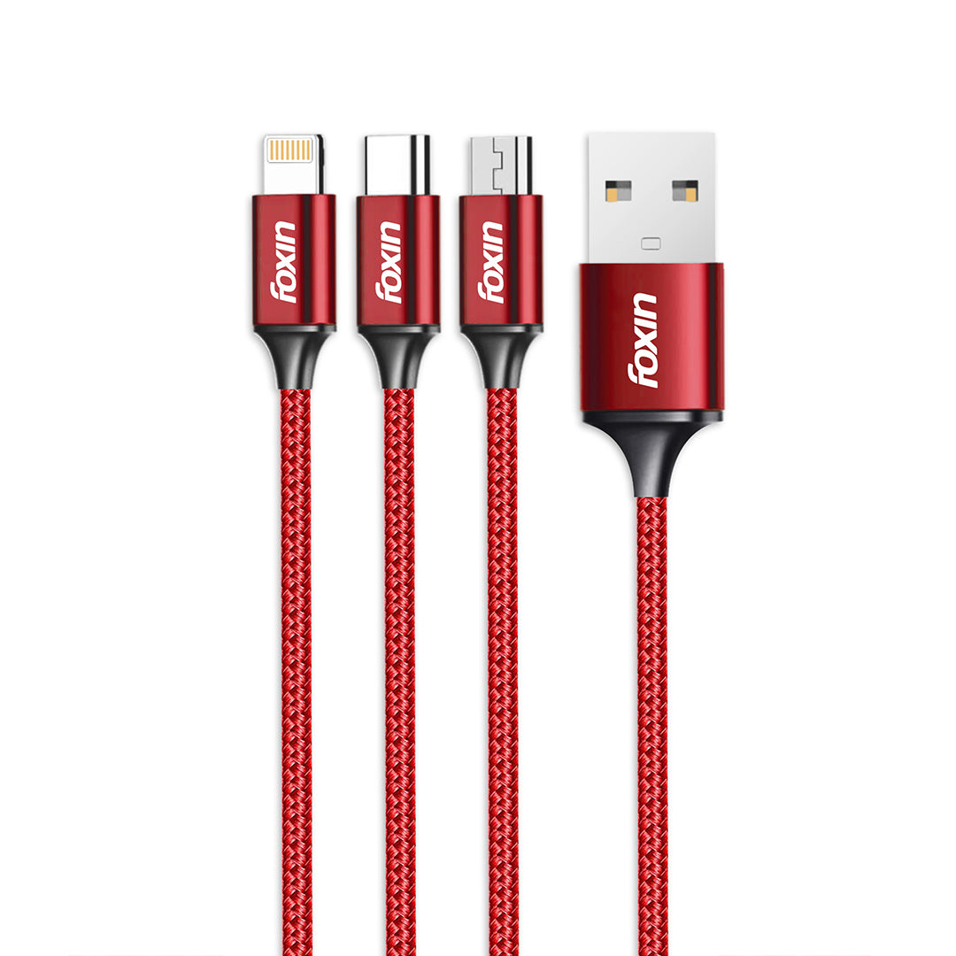 Foxin FDC-MAC03 3-in-1 USB Cable 1.2m | Up to 3.0A Current | Alloy Metal Shell | Kevlar Braided | BIS Certified | 6-Month Warranty | Red Colour