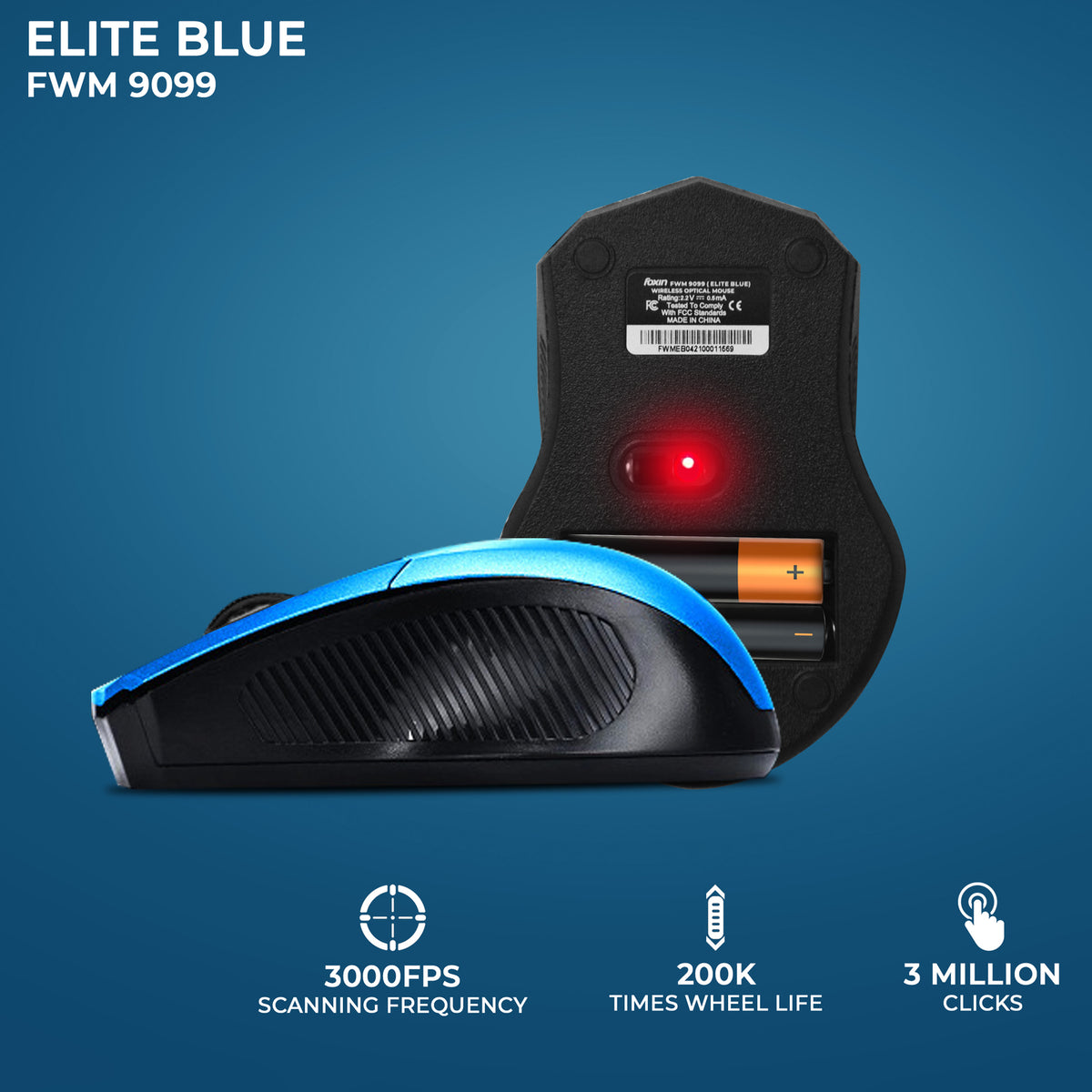 Foxin FWM-9099 Elite BlueOptical Mouse with 2.4GHz Wireless Technology, Nano USB Receiver, 1600 DPI Sensor, Durable Design