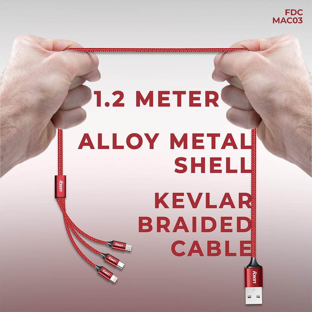 Foxin FDC-MAC03 3-in-1 USB Cable 1.2m | Up to 3.0A Current | Alloy Metal Shell | Kevlar Braided | BIS Certified | 6-Month Warranty | Red Colour