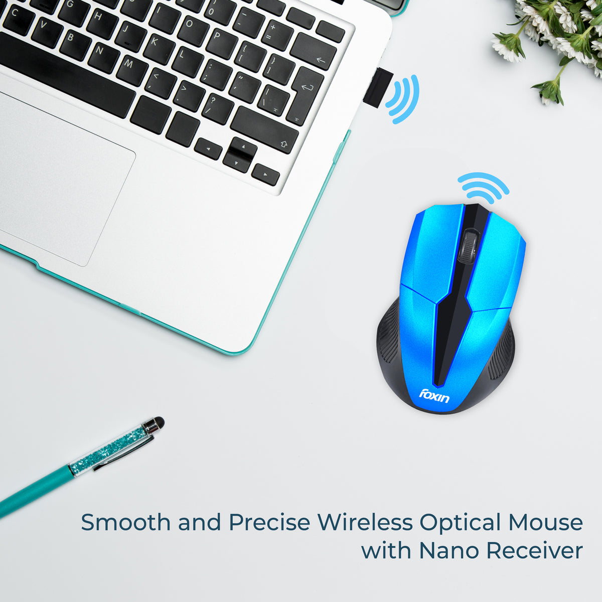 Foxin FWM-9099 Elite BlueOptical Mouse with 2.4GHz Wireless Technology, Nano USB Receiver, 1600 DPI Sensor, Durable Design