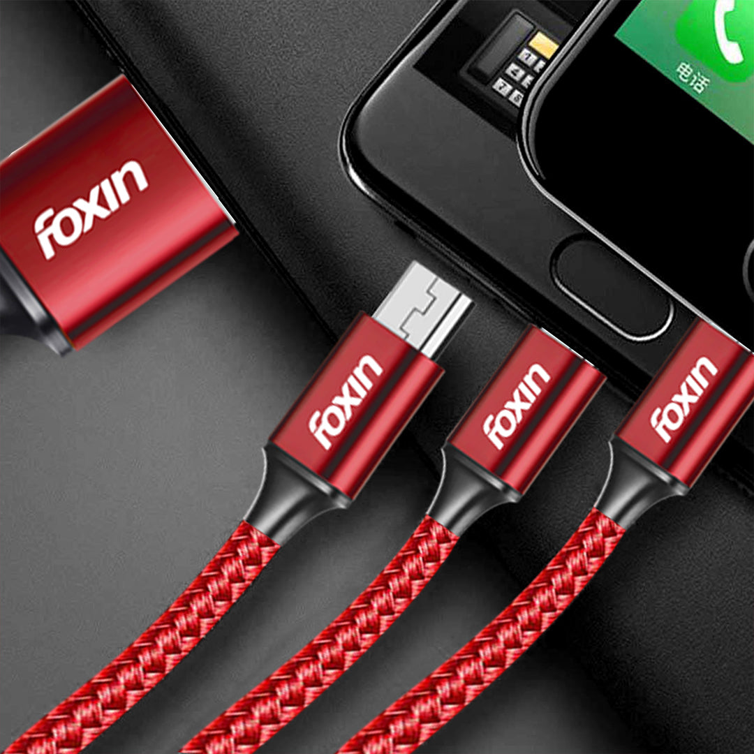 Foxin FDC-MAC03 3-in-1 USB Cable 1.2m | Up to 3.0A Current | Alloy Metal Shell | Kevlar Braided | BIS Certified | 6-Month Warranty | Red Colour