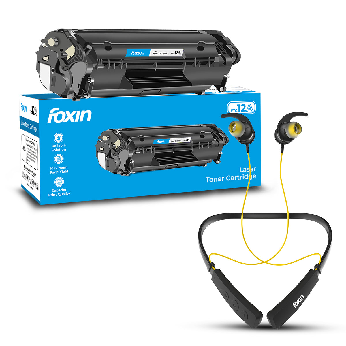 Foxin Tuesday Dhamaka Combo: Buy FTC 12A Toner Cartridge &amp; Get FoxBeat 131 Neckband @Rs.99