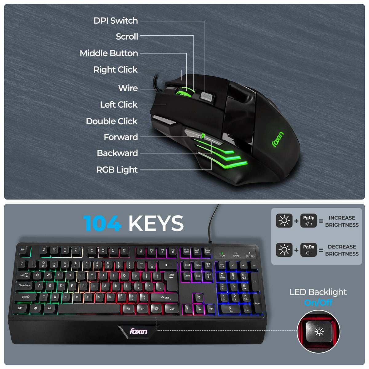 Foxin Endeavour Gaming Keyboard Mouse Combo Wired | Rainbow Backlight | Breathing LED Mouse with 3600 DPI | Membrane Keyboard