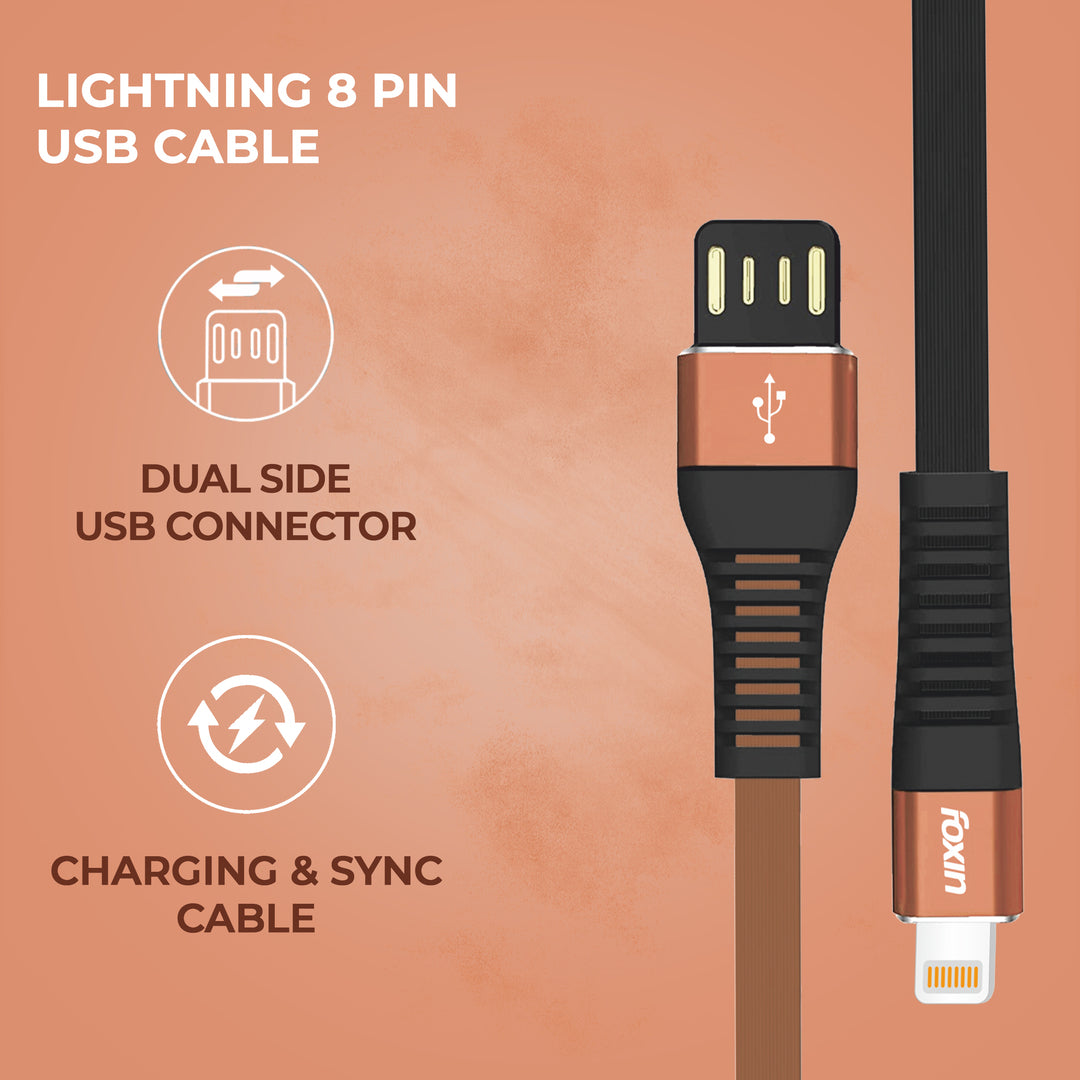 Foxin FLAT Premium USB to 8 Pin 1.2 mt 480 mbps Charge &amp; Sync Cable with Reversible USB-A connector | Dual Colour | Compatible with iPhone, iPads, AirPods | Made in India