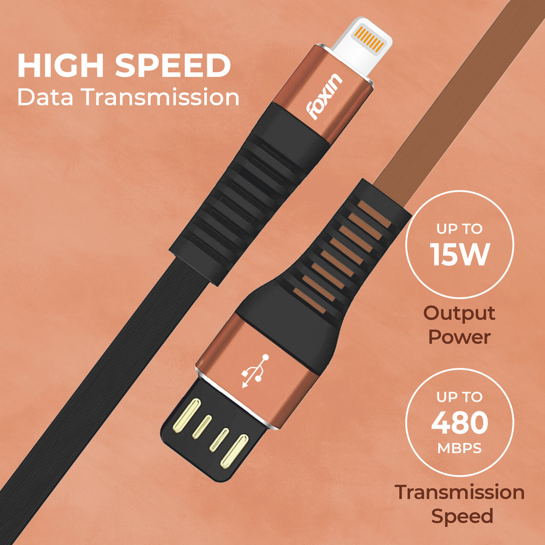 Foxin FLAT Premium USB to 8 Pin 1.2 mt 480 mbps Charge &amp; Sync Cable with Reversible USB-A connector | Dual Colour | Compatible with iPhone, iPads, AirPods | Made in India