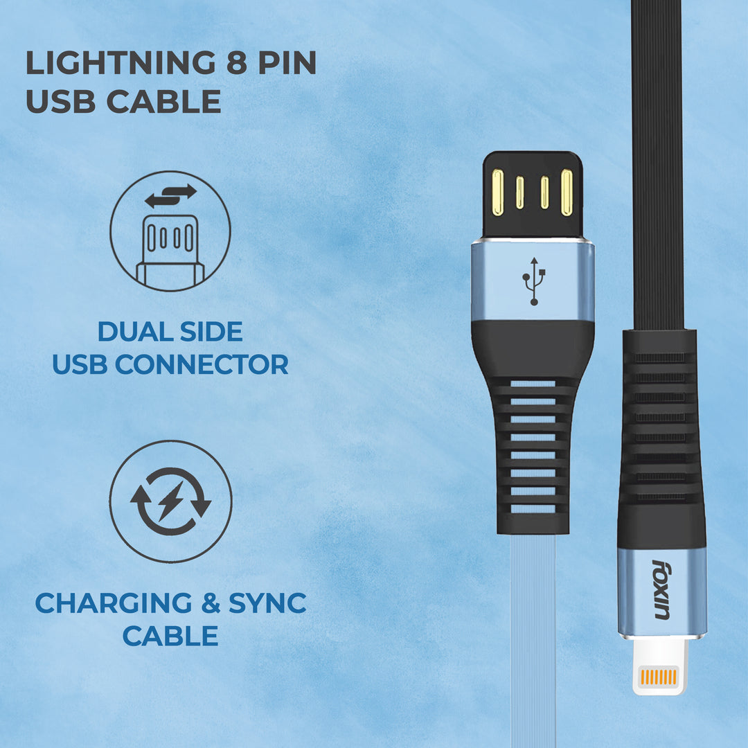 Foxin FLAT Premium USB to 8 Pin 1.2 mt 480 mbps Charge &amp; Sync Cable with Reversible USB-A connector | Dual Colour | Compatible with iPhone, iPads, AirPods | Made in India