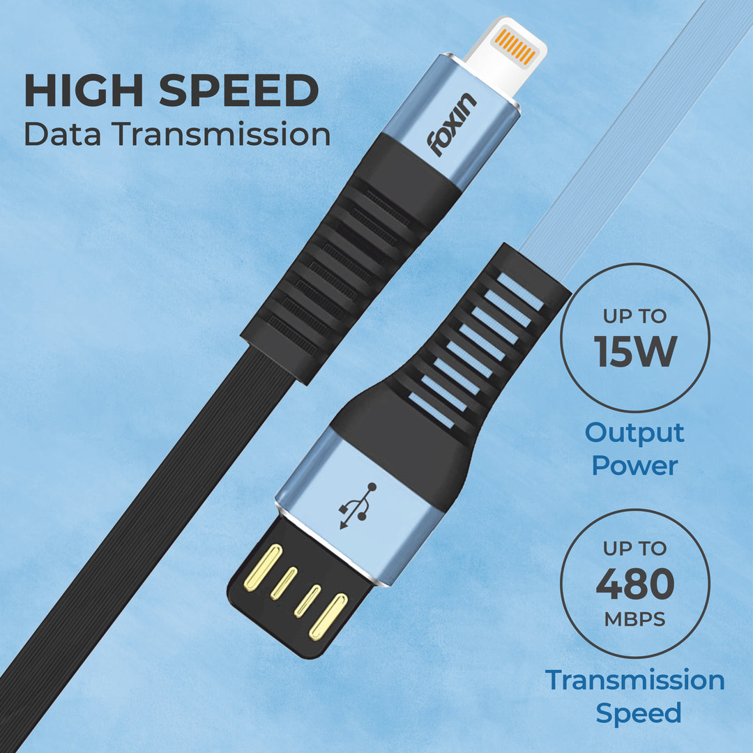 Foxin FLAT Premium USB to 8 Pin 1.2 mt 480 mbps Charge &amp; Sync Cable with Reversible USB-A connector | Dual Colour | Compatible with iPhone, iPads, AirPods | Made in India