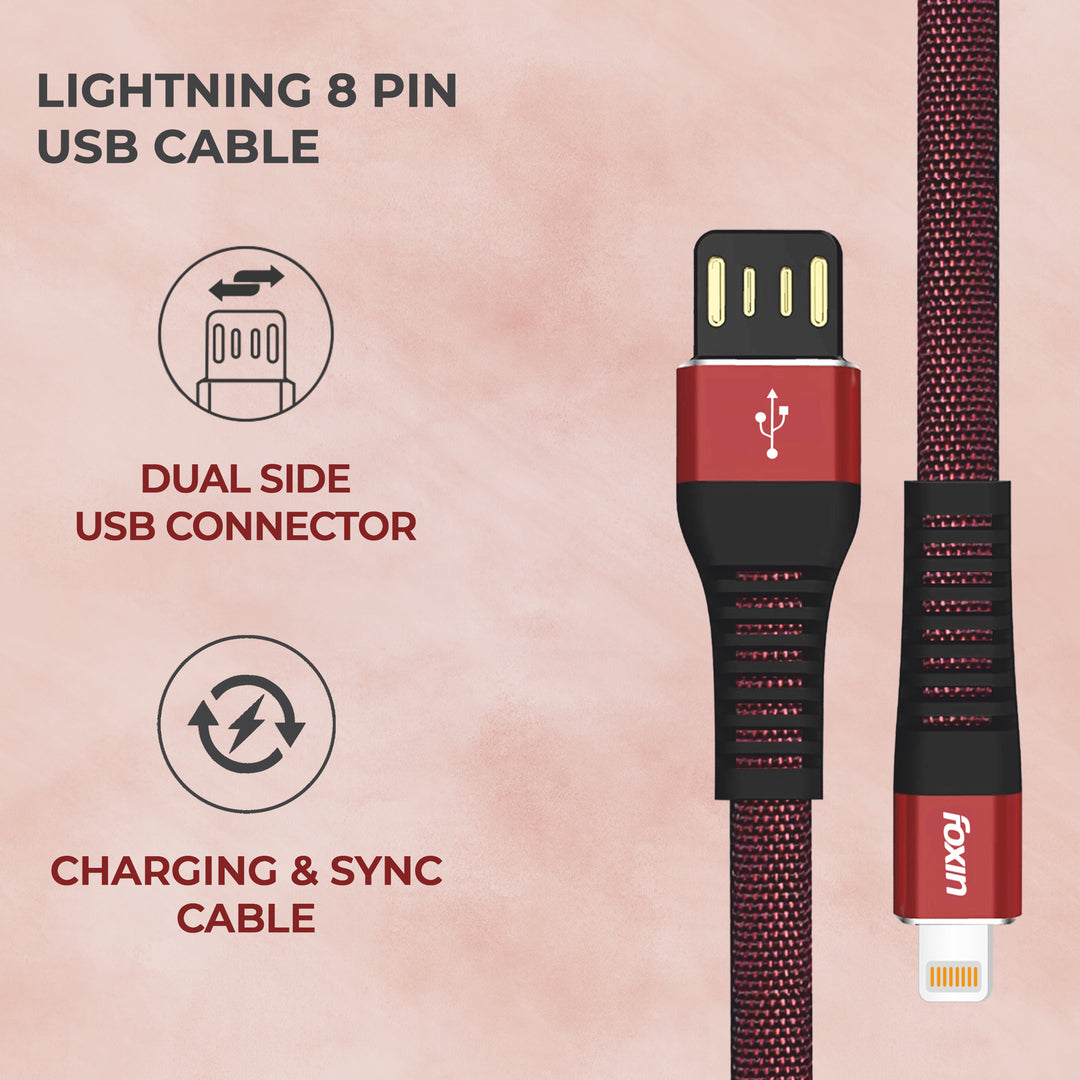 Foxin FLAT Premium USB to 8 Pin 1.2 mt 480 mbps Charge &amp; Sync Cable with Reversible USB-A connector | Dual Colour | Compatible with iPhone, iPads, AirPods | Made in India