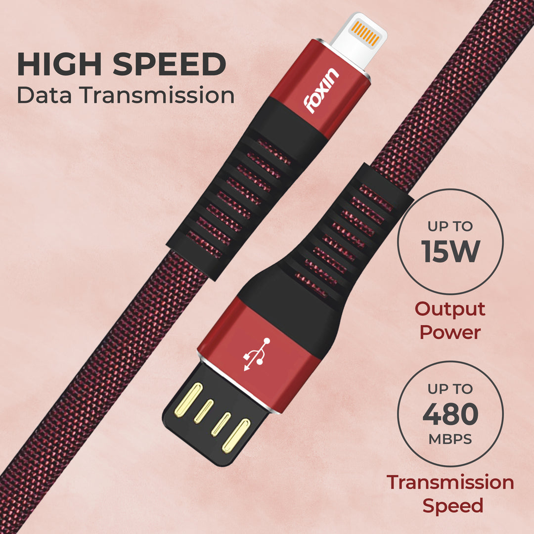 Foxin FLAT Premium USB to 8 Pin 1.2 mt 480 mbps Charge &amp; Sync Cable with Reversible USB-A connector | Dual Colour | Compatible with iPhone, iPads, AirPods | Made in India