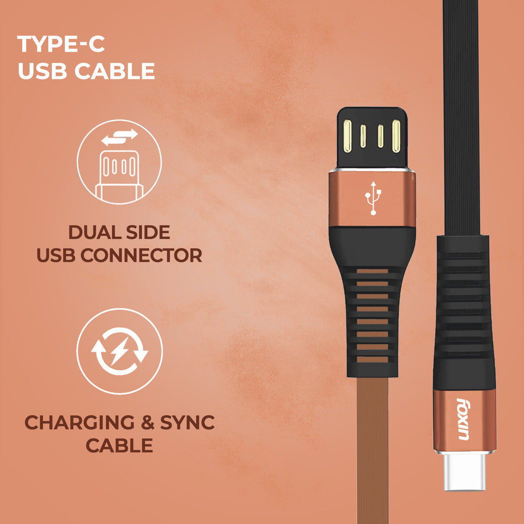 Foxin FLAT Premium USB to Type-C 1.2 mt 480 mbps Charge &amp; Sync Cable with Reversible USB-A Connector | Dual Colour | Compatible with Mobile Phone &amp; Tablets | Tangle Free | Made in India