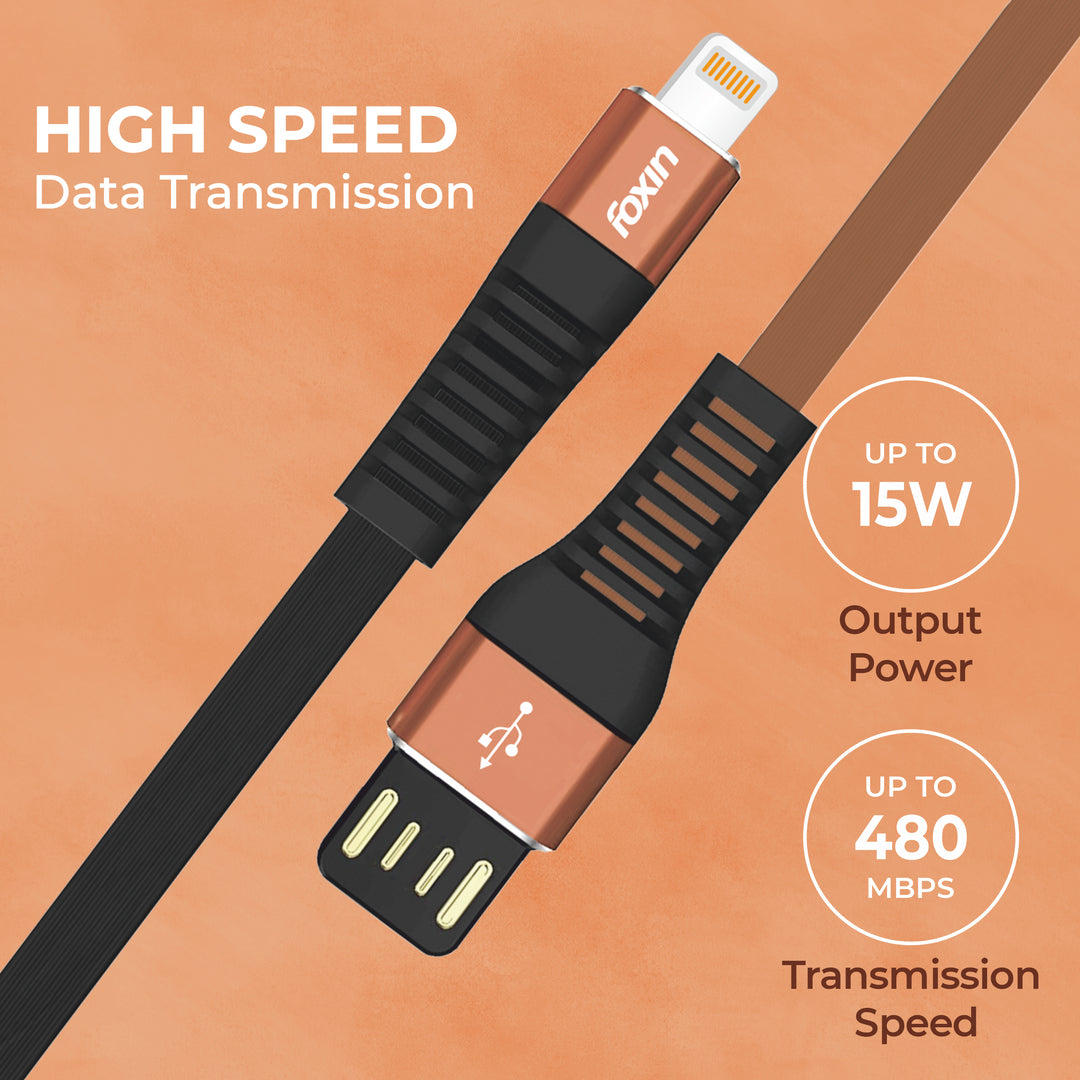 Foxin FLAT Premium USB to Type-C 1.2 mt 480 mbps Charge &amp; Sync Cable with Reversible USB-A Connector | Dual Colour | Compatible with Mobile Phone &amp; Tablets | Tangle Free | Made in India