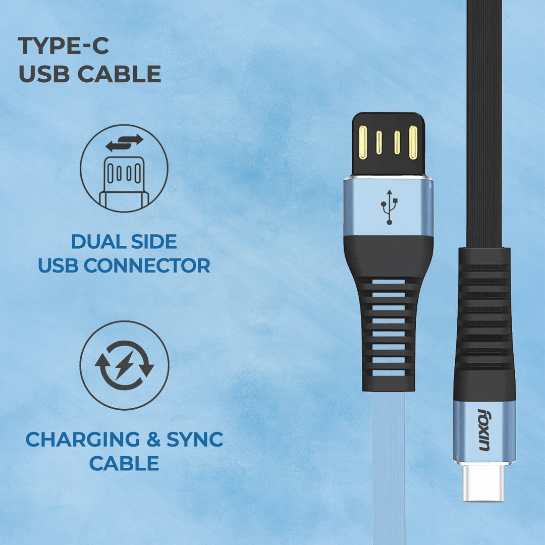 Foxin FLAT Premium USB to Type-C 1.2 mt 480 mbps Charge &amp; Sync Cable with Reversible USB-A Connector | Dual Colour | Compatible with Mobile Phone &amp; Tablets | Tangle Free | Made in India