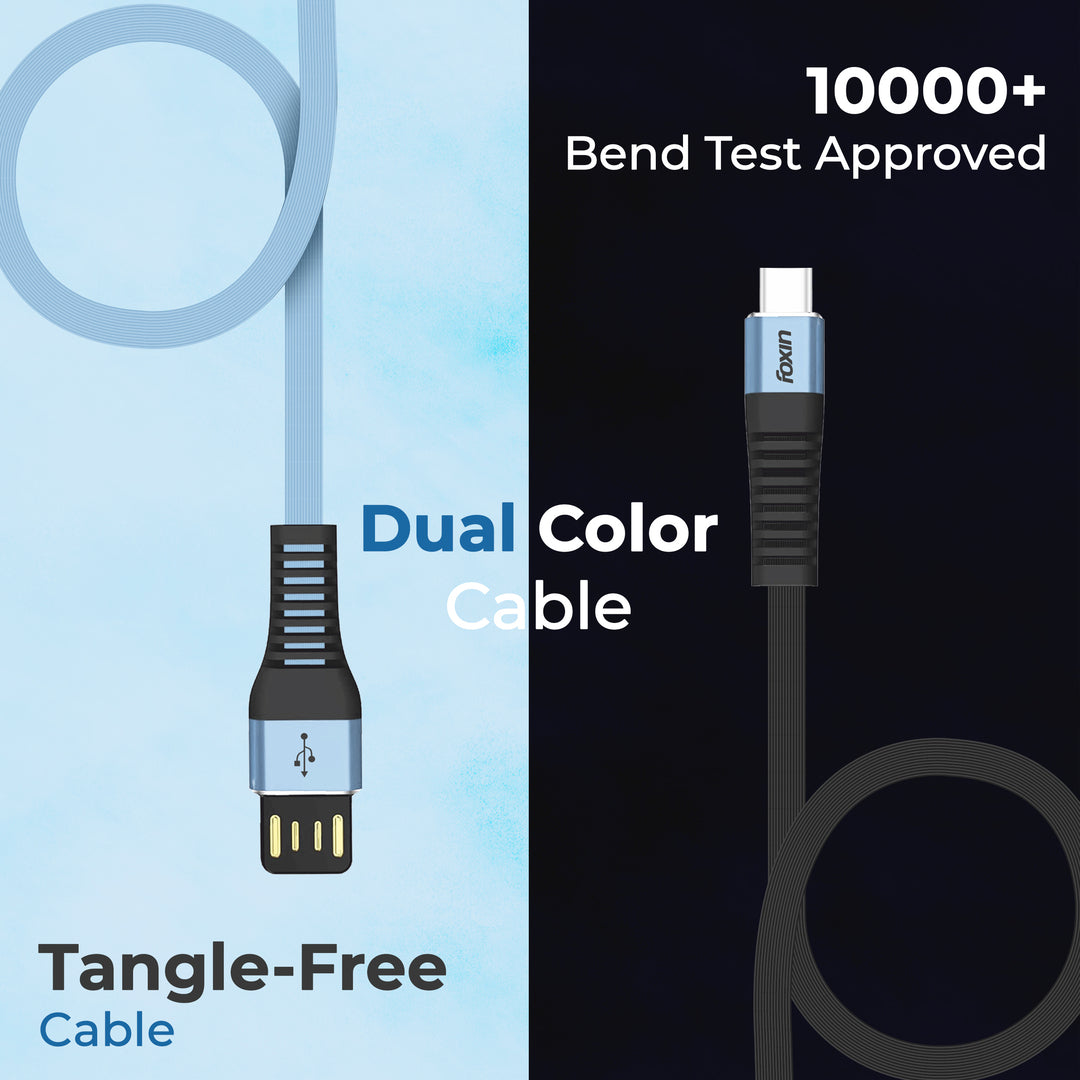 Foxin FLAT Premium USB to Type-C 1.2 mt 480 mbps Charge &amp; Sync Cable with Reversible USB-A Connector | Dual Colour | Compatible with Mobile Phone &amp; Tablets | Tangle Free | Made in India