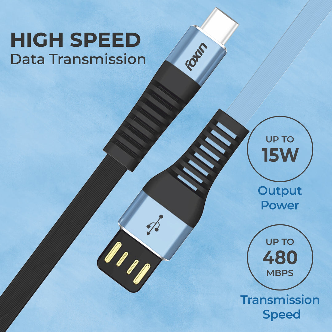 Foxin FLAT Premium USB to Type-C 1.2 mt 480 mbps Charge &amp; Sync Cable with Reversible USB-A Connector | Dual Colour | Compatible with Mobile Phone &amp; Tablets | Tangle Free | Made in India