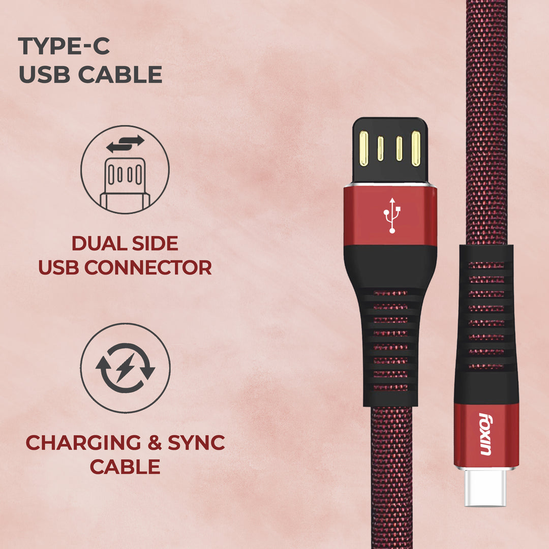 Foxin FLAT Premium USB to Type-C 1.2 mt 480 mbps Charge &amp; Sync Cable with Reversible USB-A Connector | Dual Colour | Compatible with Mobile Phone &amp; Tablets | Tangle Free | Made in India