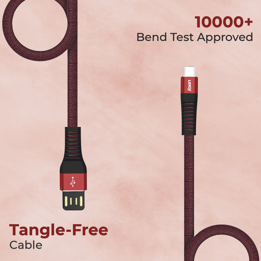 Foxin FLAT Premium USB to Type-C 1.2 mt 480 mbps Charge &amp; Sync Cable with Reversible USB-A Connector | Dual Colour | Compatible with Mobile Phone &amp; Tablets | Tangle Free | Made in India