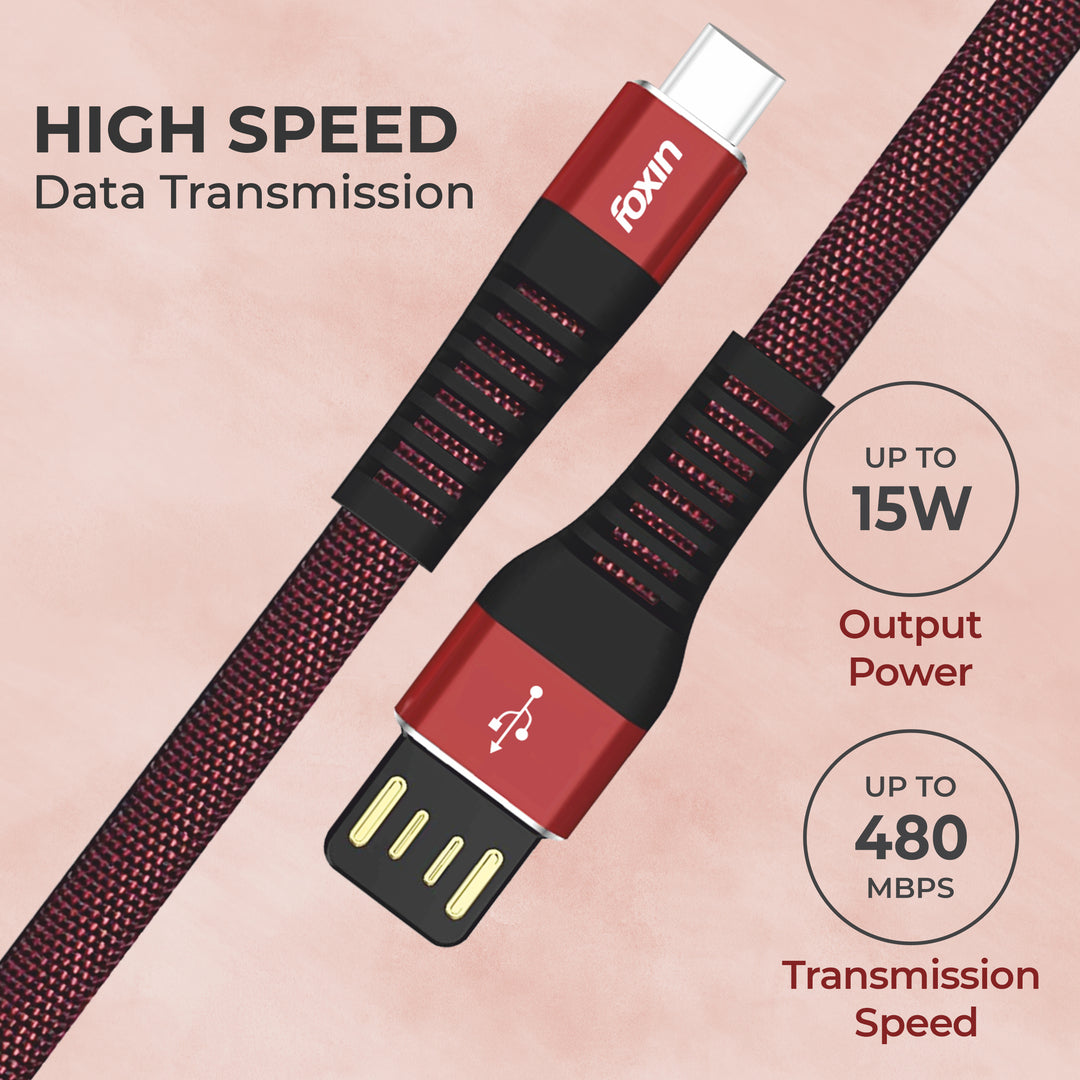 Foxin FLAT Premium USB to Type-C 1.2 mt 480 mbps Charge &amp; Sync Cable with Reversible USB-A Connector | Dual Colour | Compatible with Mobile Phone &amp; Tablets | Tangle Free | Made in India