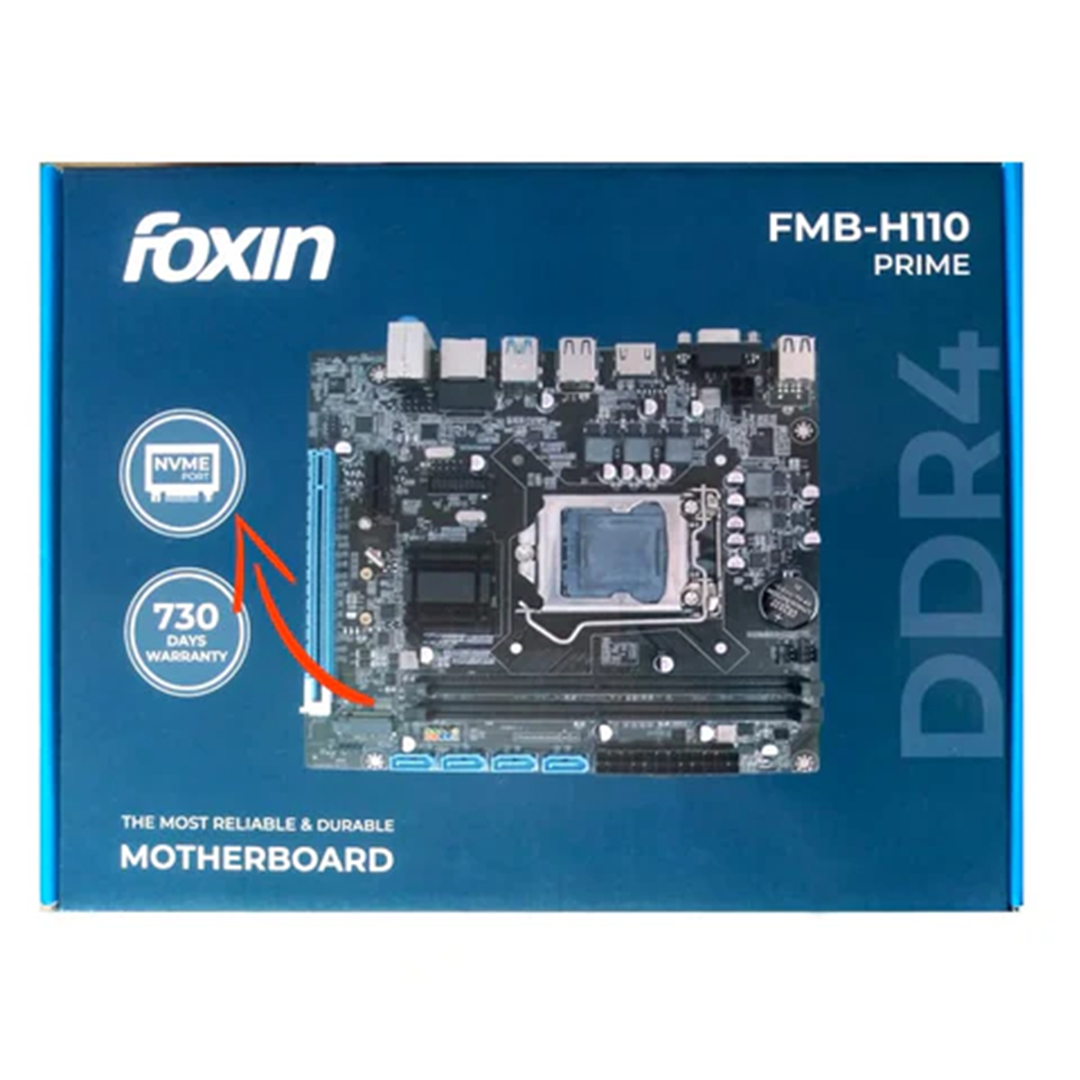 Foxin FMB H110 PRIME Motherboard - LGA 1151 Socket with H110 Chipset | Dual Channel DDR4 Max Memory Upto 32GB (16GB x 2) | NVME Port | CPU Supports 6 | 7 | 8th Generation (SKYlake), Intel 14nm CPUs (LGA1151) i3/i5/i7