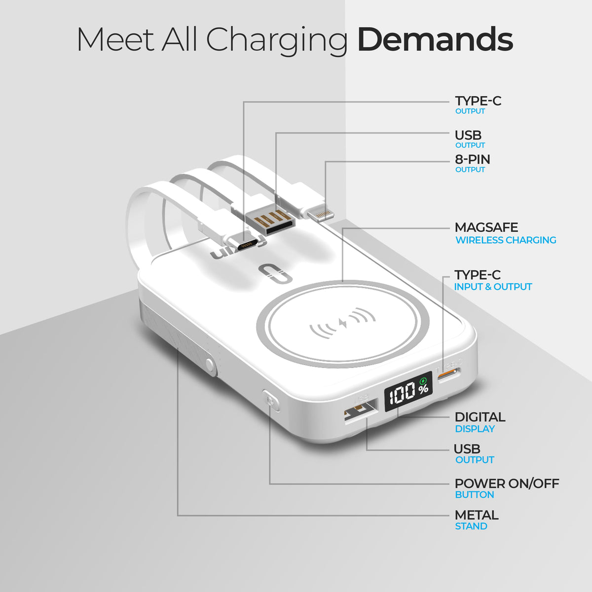 Foxin All-In-One Mag Pro Wireless Power Bank 10000 mAh - MagSafe Powerbank for iPhone with built-in Cables, Adjustable Metallic Stand &amp; Digital LED Display - BIS Certified | 22.5W, White