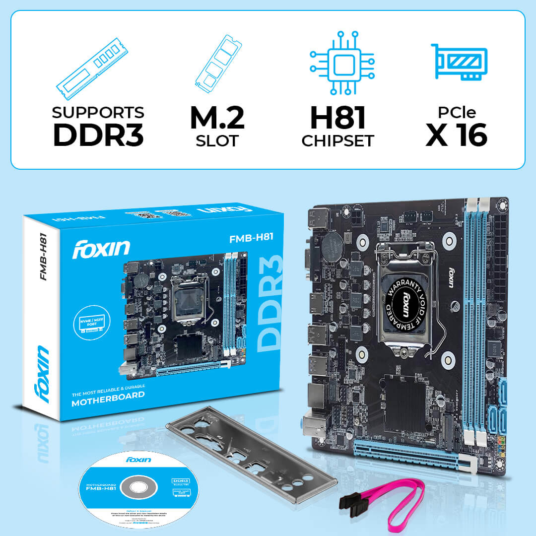 FOXIN H81 Motherboard PRIME - LGA 1150 Socket with H81 Chipset | Dual Channel DDR3 Max Memory Upto 16GB (8 GB x 2) RAM | NVME NGFF Port | CPU Supports 54th Gen (HASwell) Intel 22 Nm CUPs | For PC