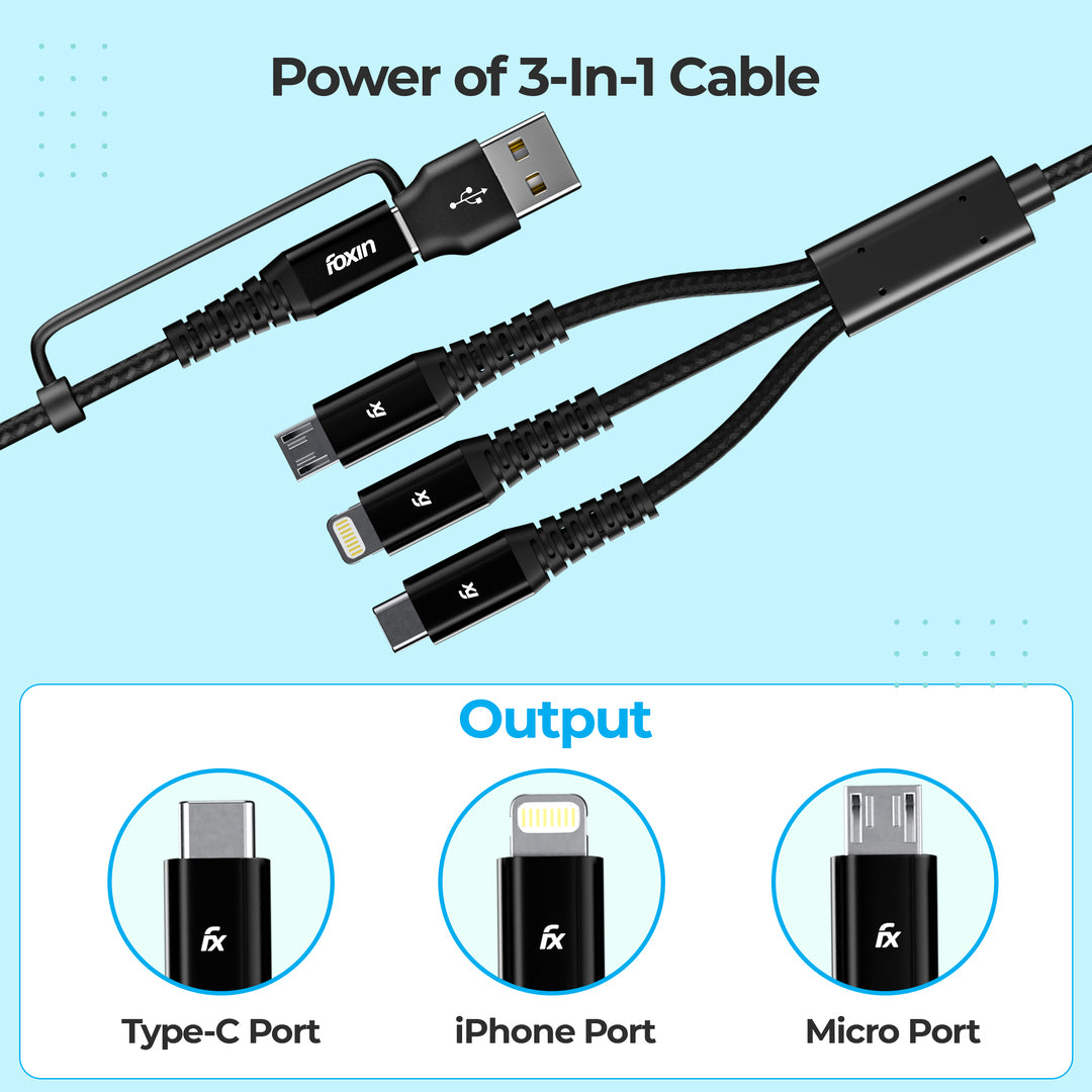 Foxin MAC 05 Dual Input 3 in 1 Nylon Braided 1.5mt 4 Amp Multipurpose Parallel Fast Charging Cable | Universally compatible | USB &amp; Typc C Input | Type C, 8 Pin, Micro Output | Made in India | Black