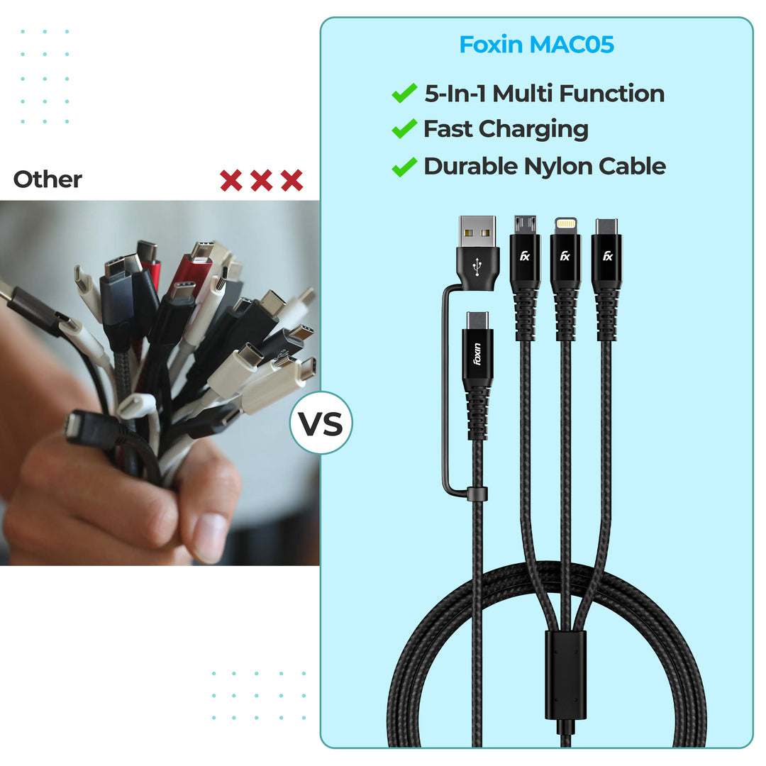 Foxin MAC 05 Dual Input 3 in 1 Nylon Braided 1.5mt 4 Amp Multipurpose Parallel Fast Charging Cable | Universally compatible | USB &amp; Typc C Input | Type C, 8 Pin, Micro Output | Made in India | Black