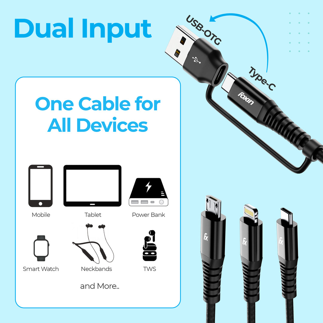 Foxin MAC 05 Dual Input 3 in 1 Nylon Braided 1.5mt 4 Amp Multipurpose Parallel Fast Charging Cable | Universally compatible | USB &amp; Typc C Input | Type C, 8 Pin, Micro Output | Made in India | Black