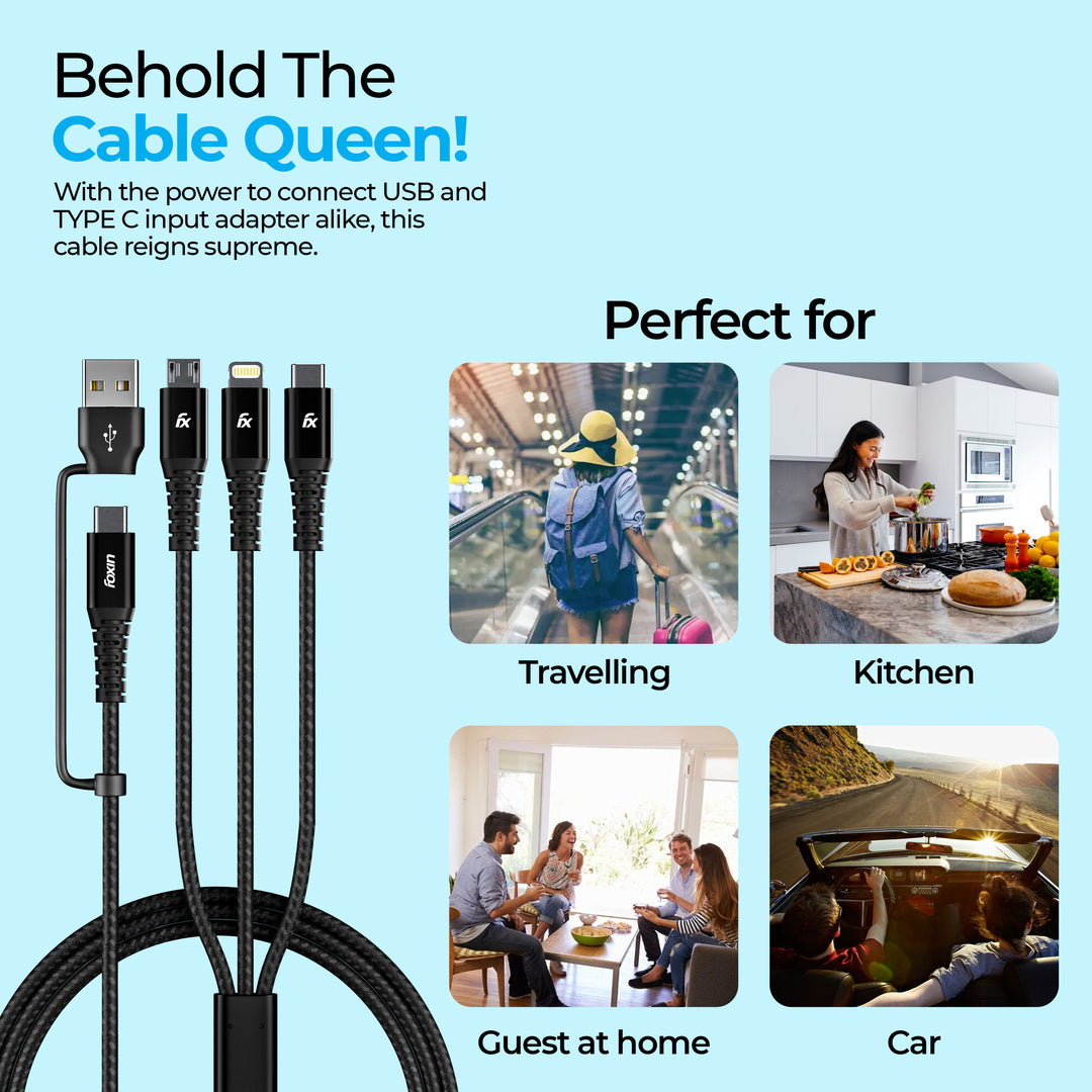 Foxin MAC 05 Dual Input 3 in 1 Nylon Braided 1.5mt 4 Amp Multipurpose Parallel Fast Charging Cable | Universally compatible | USB &amp; Typc C Input | Type C, 8 Pin, Micro Output | Made in India | Black